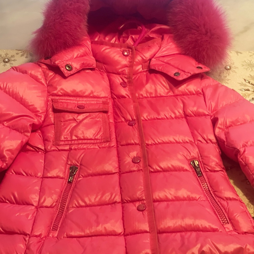 Moncler Vibrant Pink Puffer Jacket with Faux Fur Hood
